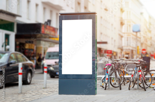 Photography City led advertising board mockup on city street with cars and bicycles in the background