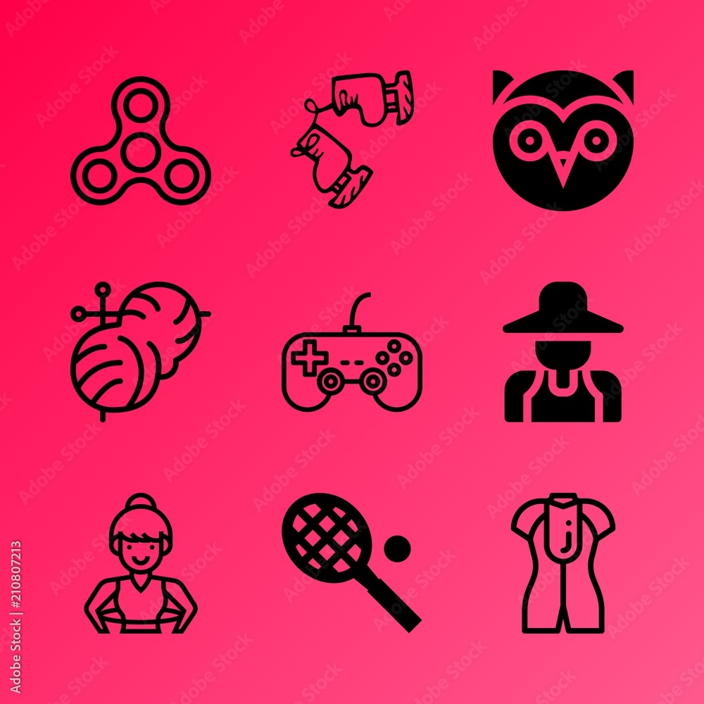 Naklejka premium Vector icon set about hobby with 9 icons related to fidget spinner, cool, women, handmade, boots, creative, thread, can, anxiety and seeds