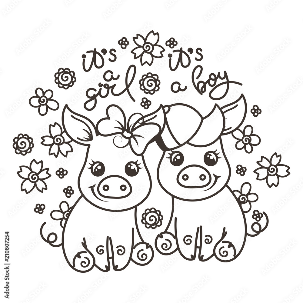 Naklejka premium Cute cartoon baby pigs in love