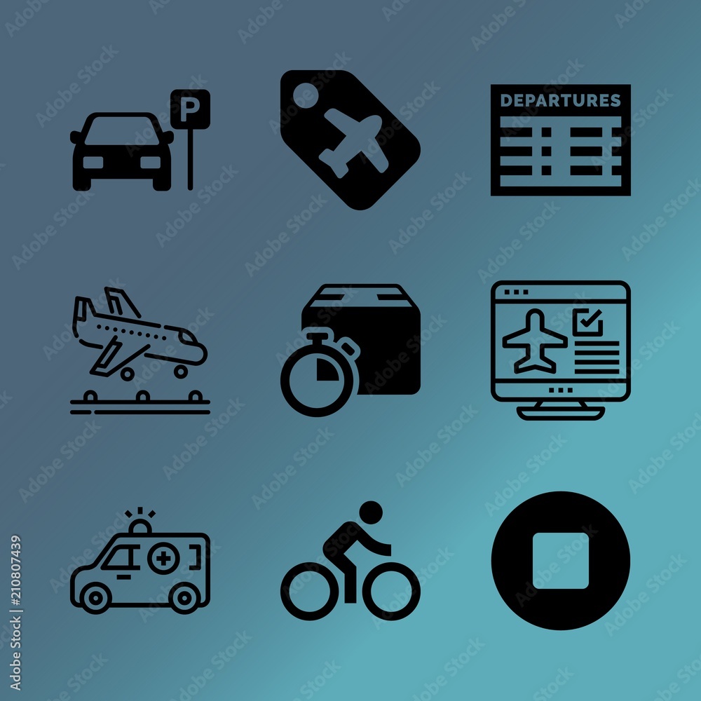 Vector icon set about transport with 9 icons related to industry, parking place, restriction, ride, schedule, forbidden, pedal, tourist, active and tourism Vector icon set about transport with 9 icons related to industry, parking place, restriction, ride, schedule, forbidden, pedal, tourist, active and tourism
