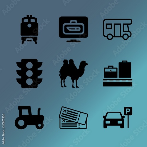 Vector icon set about transport with 9 icons related to element, guidance, parking place, traffic light, illustration, dust, family, crosswalk, runway and caravan