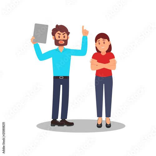 Angry man shouting at woman. Boss and employee. Negative emotions. Stress situation. Isolated flat vector design
