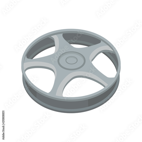 Flat vector icon of alloy wheel. Gray titanium car rim for car or motorcycle. Element for advertising poster or banner of auto shop