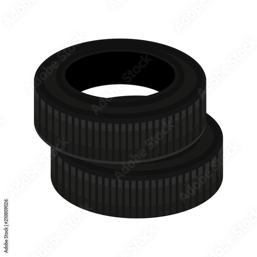 Two black car tires. Automobile theme. Flat vector element for advertising poster or banner of tire fitting service