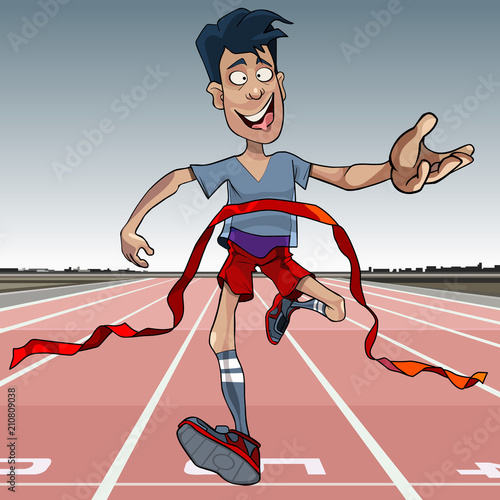 cartoon man first reaches the finish line