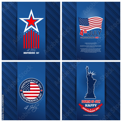 Greeting cards set for the United States Independence Day. 4th of July. Fourth of July. Holiday backgrounds collection for US Independence Day. Happy Independence Day. Vector illustration