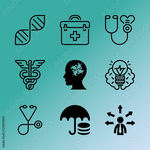 Vector icon set about medicine with 9 icons related to addiction, genius, surveillance, hand, antibiotic, awareness, system, finance, brain and chair