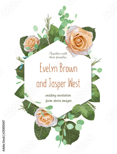 Wedding elegant invite invitation, save the date card design with creamy Rose, wax flowers, eucalyptus branches, leaves & cute hexagonal geometrical frame. Vector