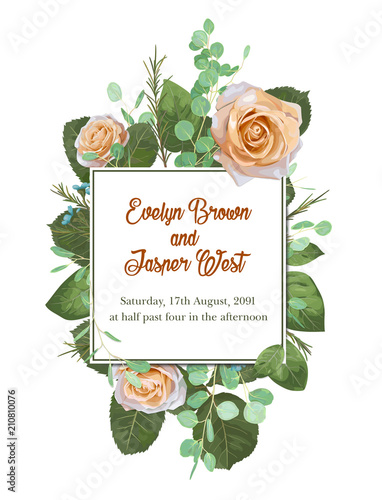 Square floral vector design frame. garden flower creamy Rose,  waxflower, green Eucalyptus tender greenery. Wedding card. All elements are isolated