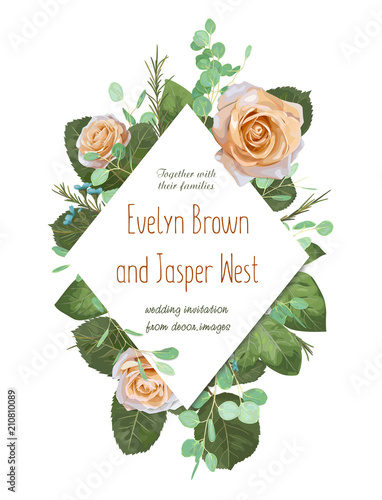 Floral Wedding Invitation elegant invite card vector Design: garden flower creamy Rose,  waxflower, green Eucalyptus tender greenery,  diamond-shaped print frame