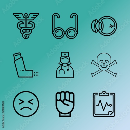 Vector icon set about medicine with 9 icons related to optical, therapy, occupation, dna, expertise, insurance, casual, smiling, visual and medicament