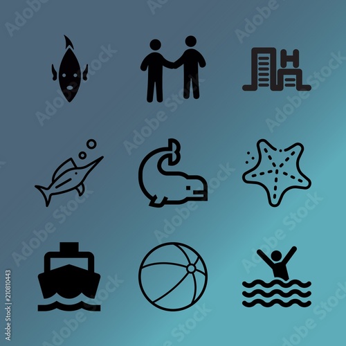 Vector icon set about sea with 9 icons related to speed  maldives  happiness  bay  attractive  liquid  vessel  panda  lips and beauty