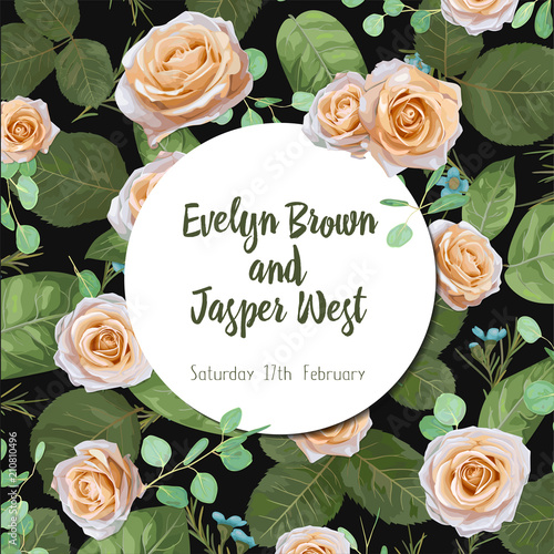 round garland floral frame arranged from garden pink peach Rose waxflower elegant greenery eucalyptus. Cute wedding vector design