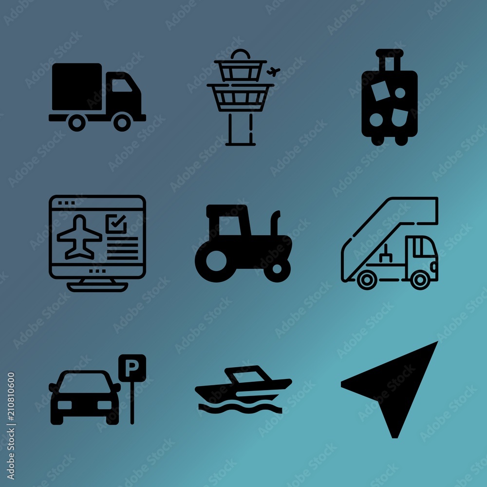Vector icon set about transport with 9 icons related to farming, sign, distance, manual, dock, illustration, engineering, town, wave and roadmap Vector icon set about transport with 9 icons related to farming, sign, distance, manual, dock, illustration, engineering, town, wave and roadmap