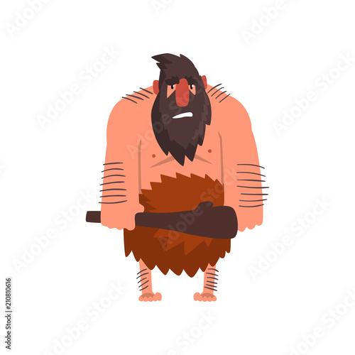 Muscular primitive caveman with club, stone age prehistoric man character cartoon vector Illustration on a white background