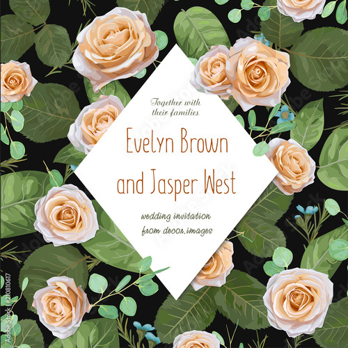 Beautiful pattern for floral watercolor greeting card, wedding invitation. beige pastel roses with wax flowers, green eucalyptus leaves and a diamond-shaped frame