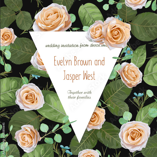 Vector floral watercolor greeting card, wedding invitation. peach pastel roses with wax flowers, green eucalyptus leaves and triangular frame for printing