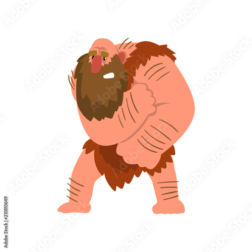 Muscular primitive caveman in loincloth, stone age prehistoric man character cartoon vector Illustration on a white background