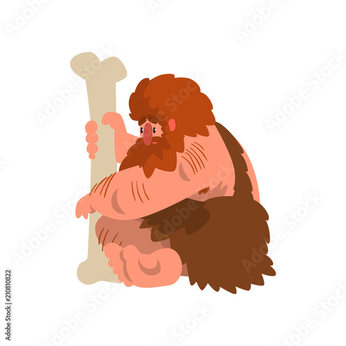 Muscular primitive caveman sitting with huge bone, stone age prehistoric man character cartoon vector Illustration on a white background