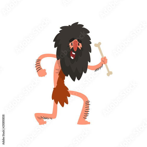 Primitive long haired caveman running with bone, stone age prehistoric man character cartoon vector Illustration on a white background