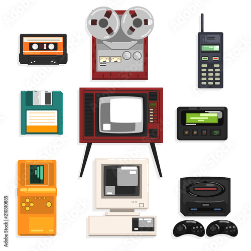 Collection of retro technique, audio music cassette, reel recorder, portable radio, pager, TV, tetris, diskette, computer vector Illustrations on a white background