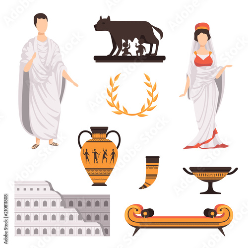 Traditional cultural symbols of ancient Rome set vector Illustrations on a white background