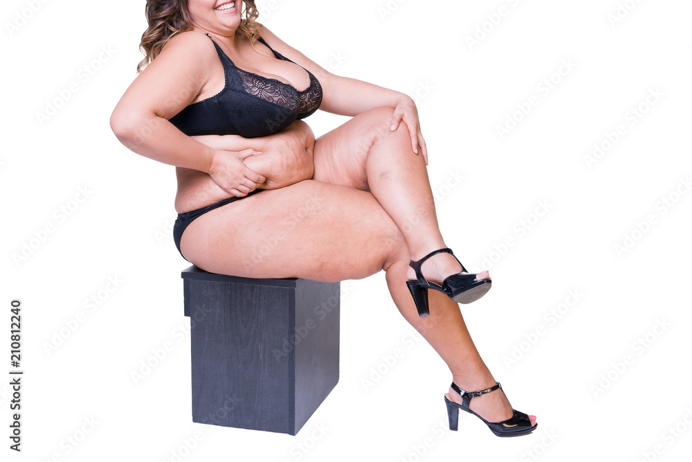 Happy overweight woman with fat thighs, obesity female legs Stock Photo