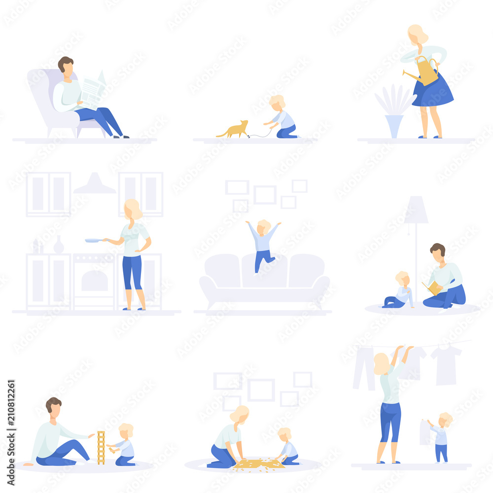 Parents and their kid spending time together and doing homework set, family lifestyle concept vector Illustrations on a white background