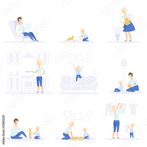Parents and their kid spending time together and doing homework set, family lifestyle concept vector Illustrations on a white background