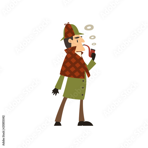 Sherlock Holmes detective character smoking tobacco pipe vector Illustration on a white background