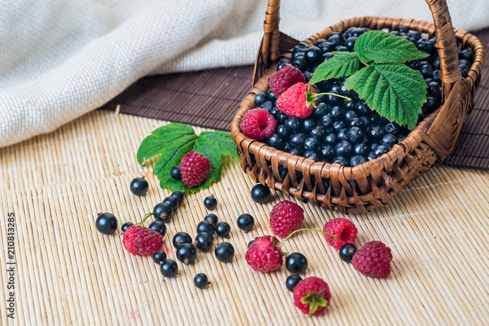 A basket with blueberries and raspberries on wooden background