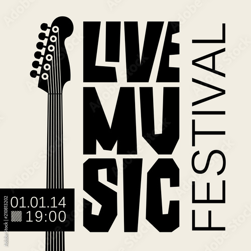 Vector poster or banner for live music festival with neck of acoustic guitar in retro style in black and white colors