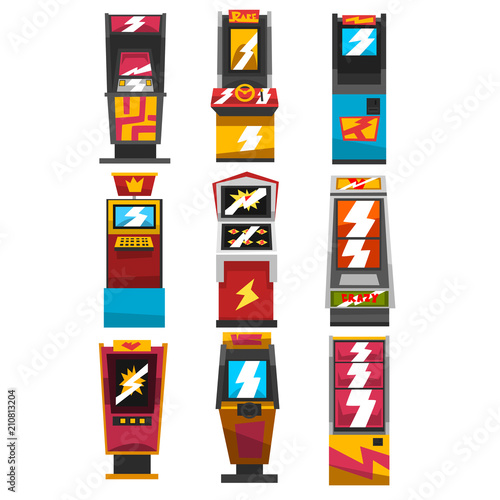 Slot machines set, arcade gambling equipment vector Illustrations on a white background