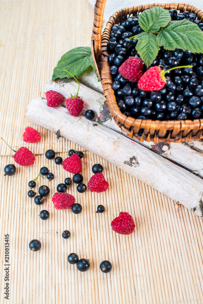 A basket with blueberries and raspberries on wooden background