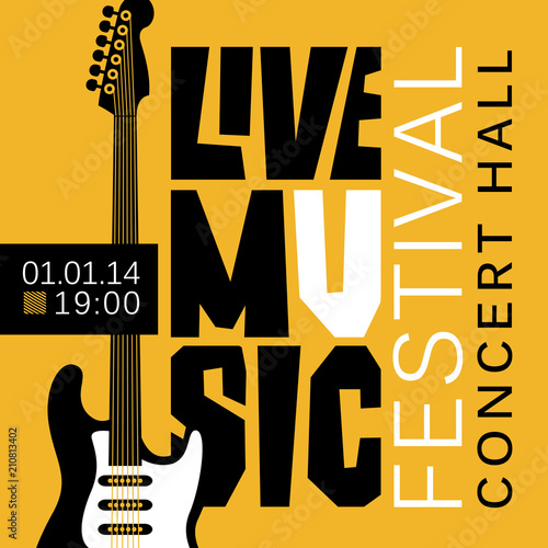 Vector banner or poster for live music festival with acoustic guitar in retro style on black and yellow colors