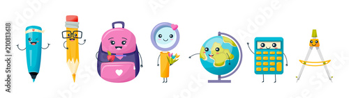 Set of various cute school and work tools and stationery.
