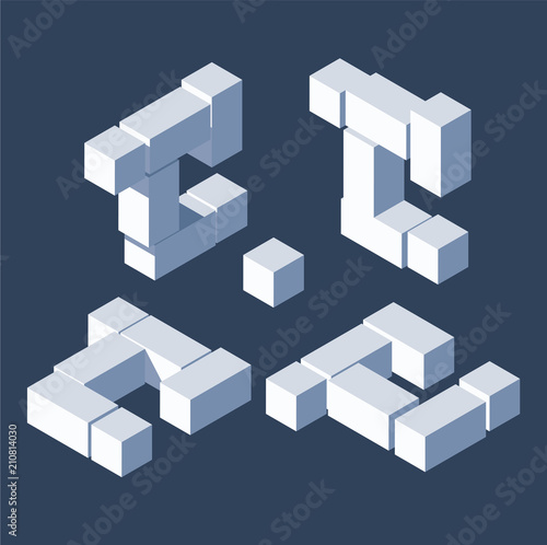 Large bundle letter c in isometric 3d style  build with white cubes with shadows. Vector collection