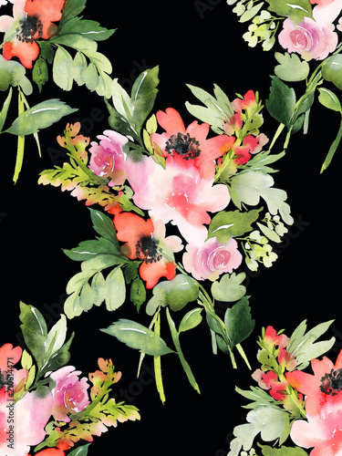 Seamless summer pattern with watercolor flowers handmade.