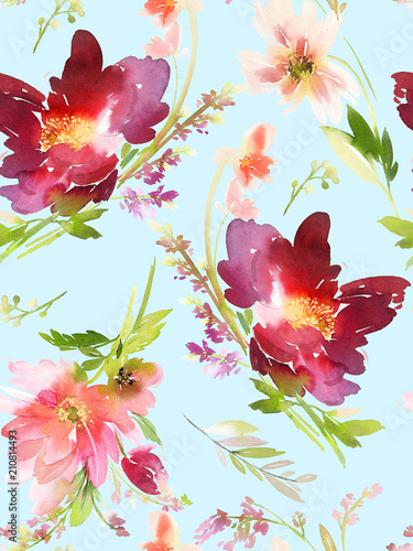 Seamless summer pattern with watercolor flowers handmade.