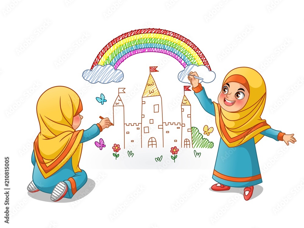 Muslim girls draw palace with rainbow on the wall, cartoon character design,  vector illustration, isolated against white background. Stock Vector |  Adobe Stock