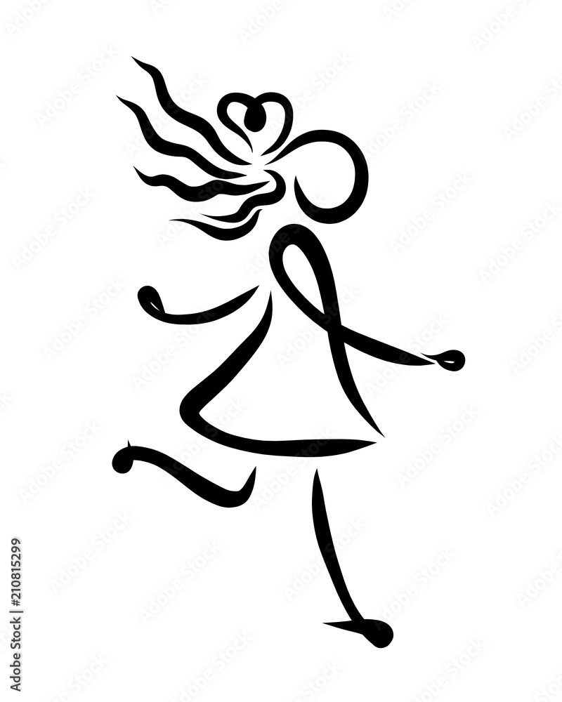 Cheerful running girl, black lines, abstract logo Cheerful running girl, black lines, abstract logo