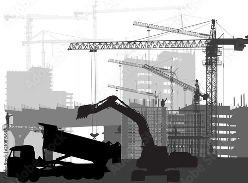 black digger in front of buildings and cranes