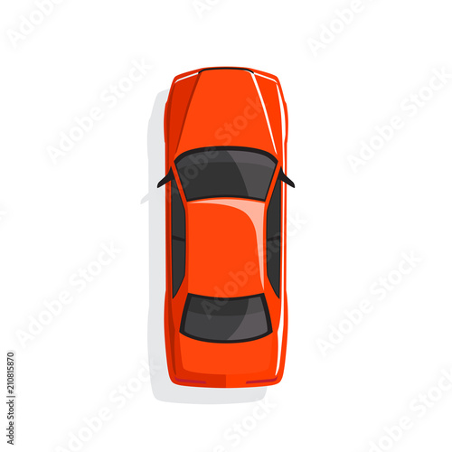 Red cartoon car. Top view. Vector illustration