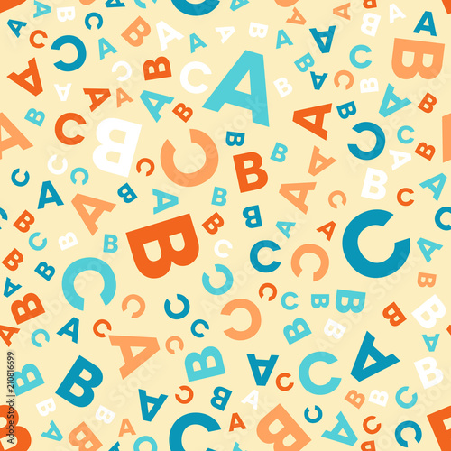 Different letters ABC, random order. Colorful school pattern for children. Multicolor background for kids. Alphabet studying background. Seamless vector pattern