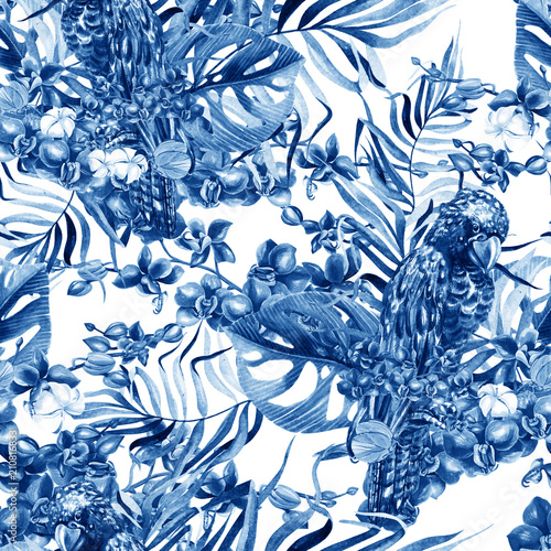 Beautiful watercolor seamless, tropical jungle floral pattern background with...