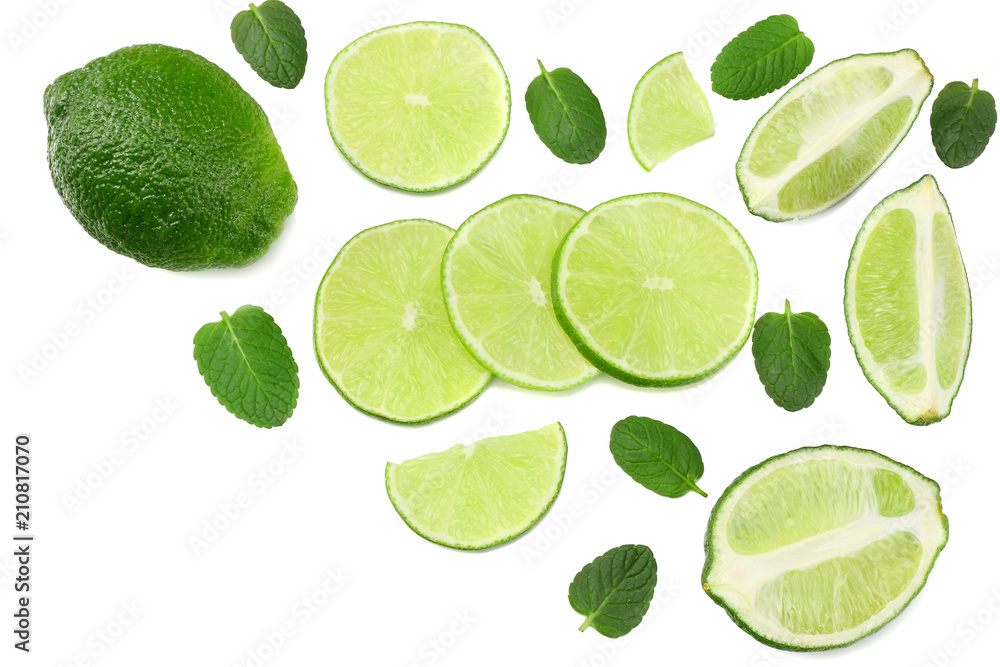 healthy food. lime with mint leaves isolated on white background top view
