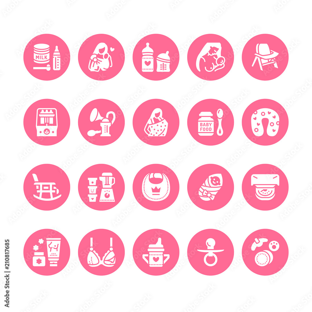 Breastfeeding, baby food vector flat glyph icons. Breast feeding elements - pump, woman, child, powdered milk, bottle sterilizer, nursing pillow. Maternity. Solid silhouette pixel perfect 64x64. Breastfeeding, baby food vector flat glyph icons. Breast feeding elements - pump, woman, child, powdered milk, bottle sterilizer, nursing pillow. Maternity. Solid silhouette pixel perfect 64x64.