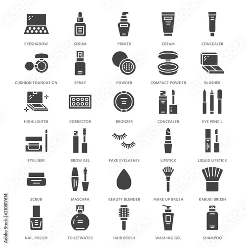 Makeup beauty care flat glyph icons. Cosmetics illustrations of lipstick, mascara, powder, eyeshadows, cushion foundation, nail polish, hair brush shampoo sign. Solid silhouette pixel perfect 64x64.