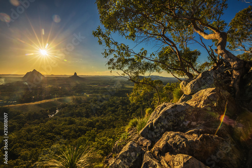 Sunset seen from Mt Tibrogargan, Glass House Mountains, Sunshine Coast, Queensland, Australia