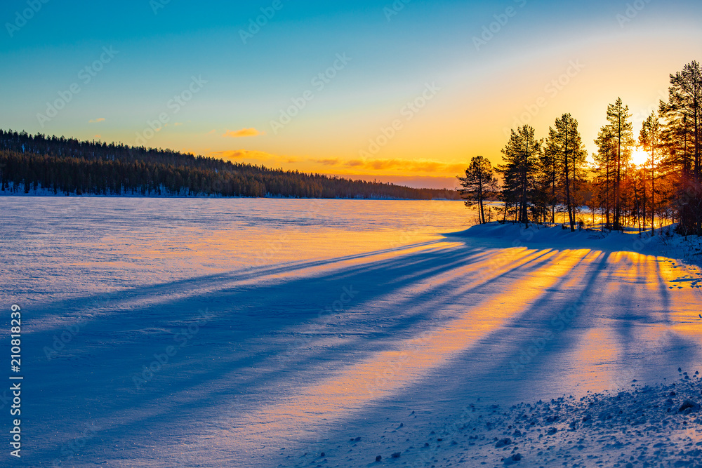 Beautiful sunset at the Arctic circle in Lapland, Finland